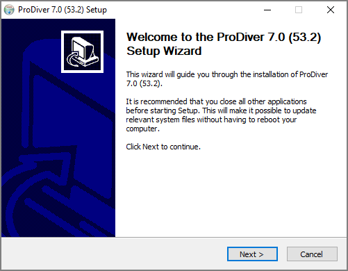 The ProDiver Setup Wizard window.